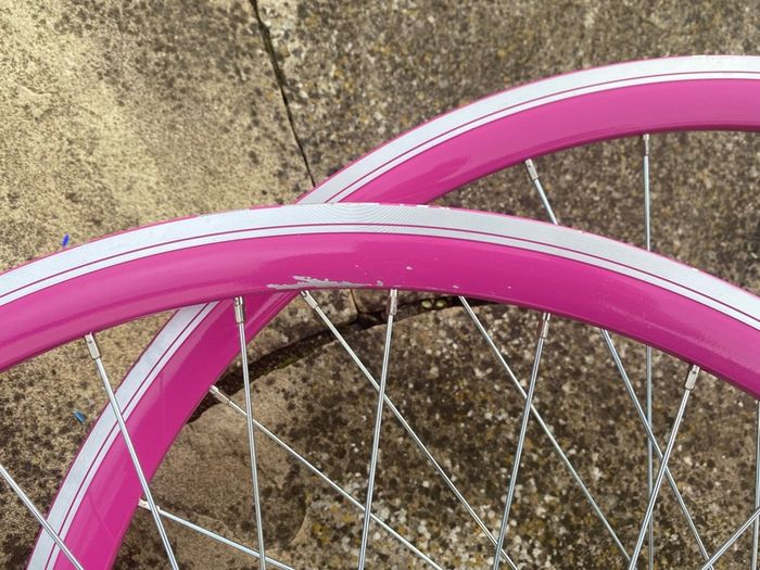 Pink Bicycle Wheelset - Fixie/Singlespeed/FixedGear/Track Bike (FlipFlop Rear Hub) Sealed Bearings - Massive Discount Sale due to Cosmetic Flaws - Pink Rims with Silver Spokes and Hubs