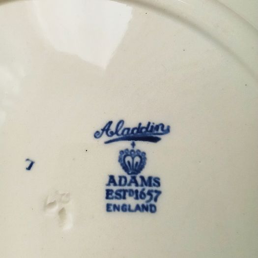 Two Vintage Adams Aladdin pattern  blue and white oriental scene shallow plates  D 22.5cm