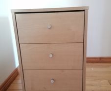 small cabinet, light color, 3 drawers