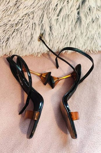 River Island Black Heels with Orange Strap & Acrylic Flared Heel Size UK 6 / EU 39
