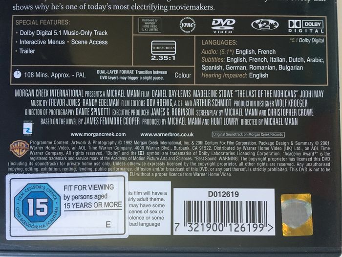 The Last Of The Mohicans (Michael Mann Film) [1992] Daniel Day Lewis [Movie DVD]