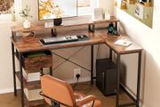 L Shaped Desk with Power Outlet Corner Computer Desk with Storage Shelves &amp; Fabric Drawer