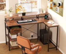 L Shaped Desk with Power Outlet Corner Computer Desk with Storage Shelves & Fabric Drawer