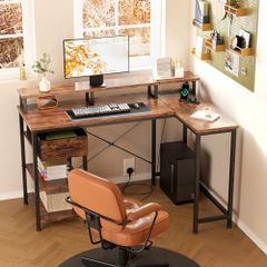 L Shaped Desk with Power Outlet Corner Computer Desk with Storage Shelves & Fabric Drawer