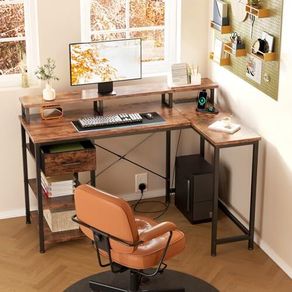 L Shaped Desk with Power Outlet Corner Computer Desk with Storage Shelves & Fabric Drawer