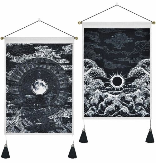 (Pack of 2) Moon and Star Tapestry Ocean Wave Black and White Tapestry Wall Hanging for Room (35 x 50cm)