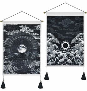 (Pack of 2) Moon and Star Tapestry Ocean Wave Black and White Tapestry Wall Hanging for Room (35 x 50cm)