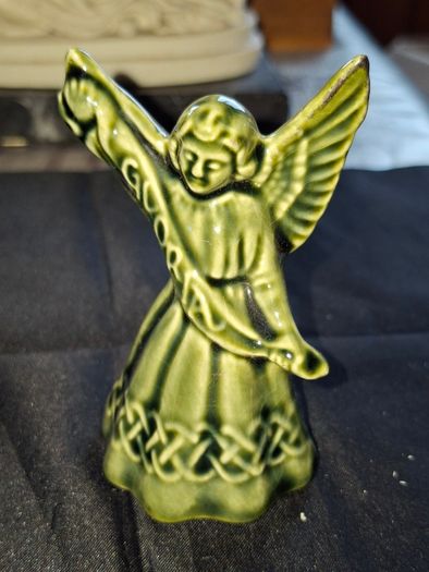 Vintage Green Glazed Ceramic of an Irish Round Tower and Church by Knock Pottery in Ireland and a Vintage Angel, Postage Available or Collection