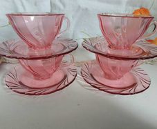 vintage glass teacups, pink glass, pink cups
