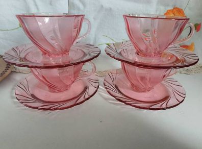 vintage glass teacups, pink glass, pink cups
