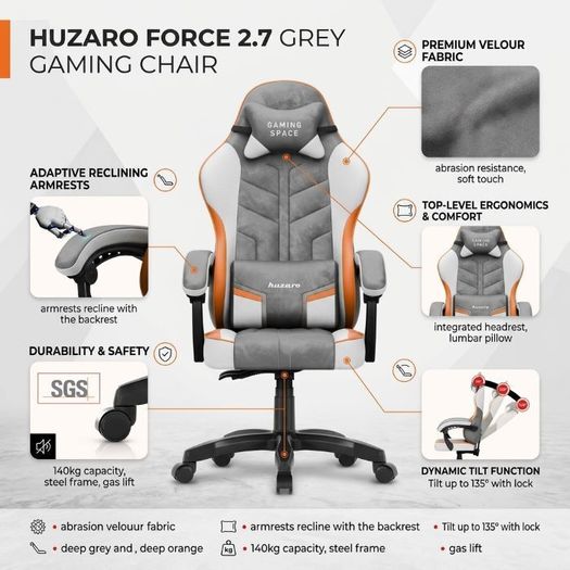 Huzaro Force 2.7 Grey Velour Gaming Chair