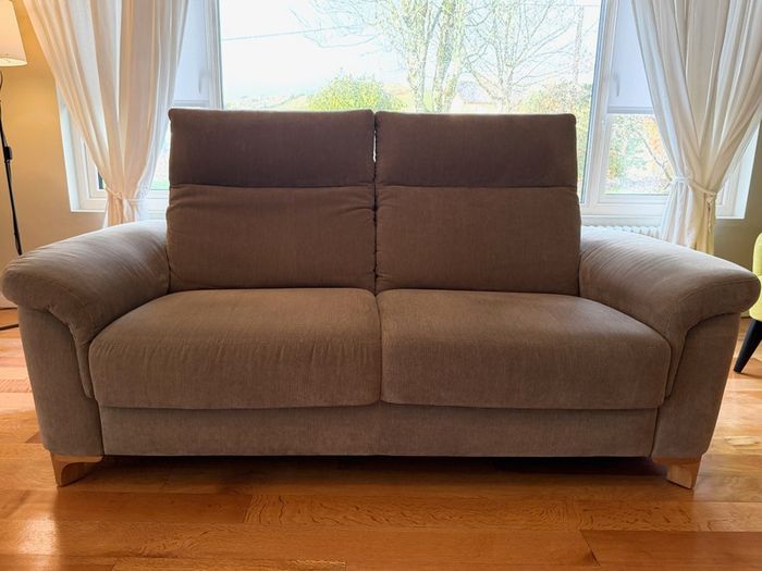 Two-seater sofa and foot stool taupe velvet