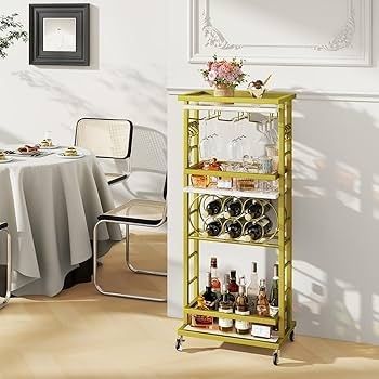 4-Tier Liquor Cabinet with wheels,Wine Rack Freestanding Floor, Bar Cart for Liquor Whiskey Wine,Versatile Wine Bottle Display Shelf,Mini Bar for Home Living Room,White