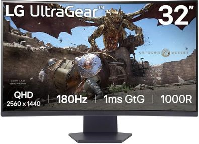LG UltraGear Curved Gaming Monitor 32GS60QC, 32 inch, 1440p, 180Hz, 1ms Response Time, VA Panel, AMD FreeSync, Smart Energy Saving, DisplayPort, HDMI