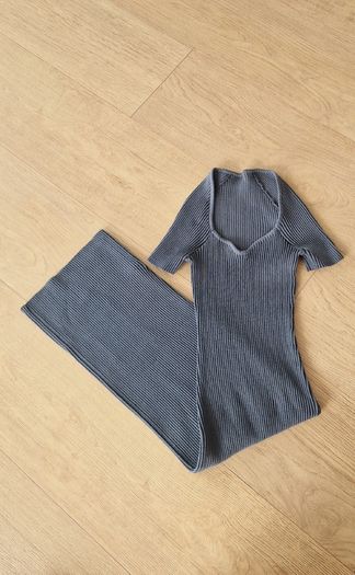 Grey Ribbed Bodycon Midi Dress - Size 12