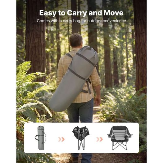Oversized Camping Chairs, 204 kg Heavy Duty Support, Portable Padded Folding Camp Chairs with Dual Cup Holders & Wine Glass Holders, Carry Bag for Outdoor, Fishing, Black & Gray, 1 Pack