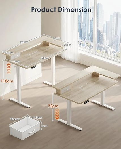 Standing Desk with Drawers, ONE PIECE 120cm Height Adjustable Desk, Electric Standing Desk with Monitor Stand, Sit Stand Desk with USB Port, Ergonomic Computer Table for Home Office, Beige