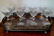 Exquisite vintage set of eight Webb Corbett cut crystal champagne glasses set on an ornate viners silverplate tray