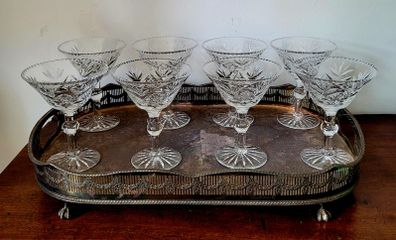 Exquisite vintage set of eight Webb Corbett cut crystal champagne glasses set on an ornate viners silverplate tray