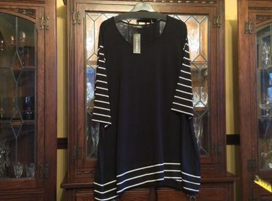 DORIS STREICH  . FURTHER REDUCED.   NEW a really nice tunic in black with white stripes on the sleeves and hemline . Length is 37 inches.