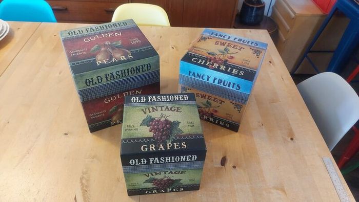 Fabulous Set of Three Large Graduated Stackable Nesting Storage Boxes by Quality Manufacturer Bob's Boxes/Lang Paper Co. with "Fancy Fruits" Artwork by Kimberly Poloson