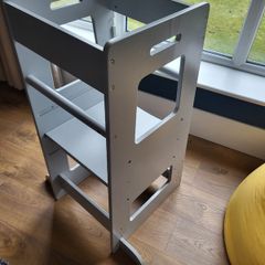 KiddyMoon Toddler Learning Tower, Montessori Kitchen Step Stool, Height Adjustable (3 Levels), Safety Rail, Grey