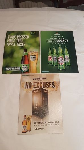 3 x advertising show cards ,,nice condition,,collectors item,,price includes post to anywhere in ireland thank you, take as is,some wear ,,applemans,Heineken, orchards thieves,,