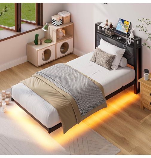 Metal Bed Frame with LED Lights and Charging Station, Heavy Duty Metal Slat Support, Noise Free, No Box Spring Needed