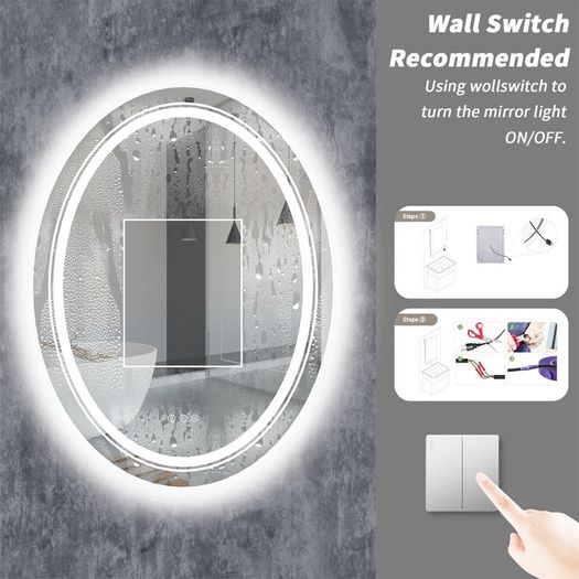 24x32 inch Oval LED Bathroom Mirror Dimmable Light Wall Mounted Makeup Mirror with Demist Illuminated Vanity Mirror