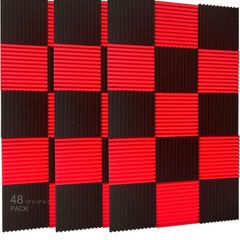 48 Pack Black Red 1" X 12" X 12" Acoustic Wedge Studio Foam Sound Absorption Wall Panels Multiple Colours Available, See Photos (free Postage)
