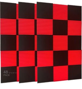 48 Pack Black Red 1" X 12" X 12" Acoustic Wedge Studio Foam Sound Absorption Wall Panels Multiple Colours Available, See Photos (free Postage)