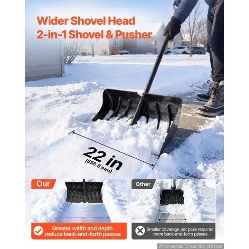 Snow Shovel for Driveway 558.8 mm Plastic Shovel with D-Grip Handle, for Home Garden Camping Outdoor Use, Aluminum Strip, Large Capacity Lightweight Snow Removal Tool with Extended Steel Handle