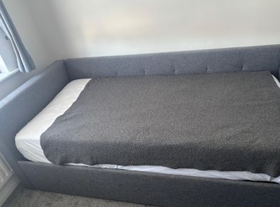 Grey Upholstered Daybed with Trundle and Mattresses