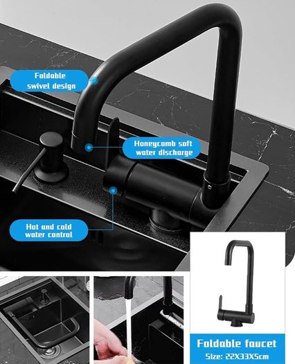Hidden Concealed Kitchen Bar Sink with Folding Faucet, Hidden Stainless Steel Undermount Workstation Bar Sink for Small Prep RV (Black, 30x45x22CM)