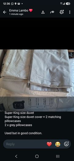 King size duvet and sheets