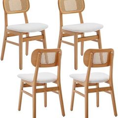 set of 4, wood, kitchen chairs, PU leather upholstered Rattan