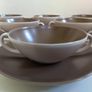 Set of Six Vintage MCM Poole Pottery Twintone Twin Handled Consomme Soup Bowls Plus Matching Underplates, All in Colourway C54, Sepia and Mushroom, Streamline Shape, Circa 1952 - 1970s Image 4