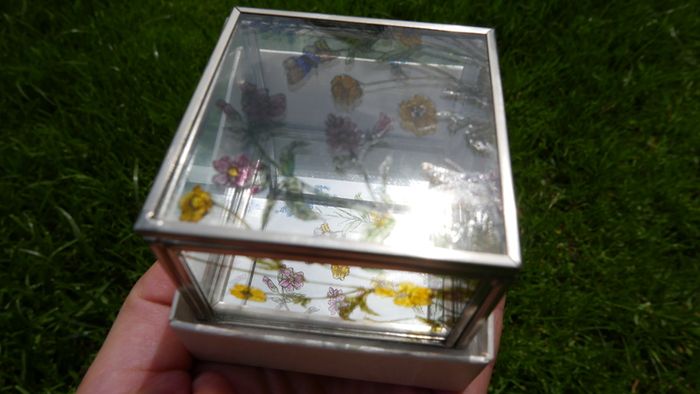 Vintage Hand Painted Waterside Flowers R Stained Glass Mirror Box