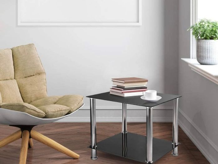 Coffee Table Tempered Glass Living Room Table Side Table Industrial Design Sofa Table 2 Tier Glass Table with Chrome Legs Coffee Table Metal Console Table for Living Room Balcony Hallway Black (FREE POSTAGE)