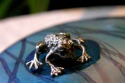 John Ditchfield Glasform Iridescent Lily Pad, Silver Frog, Signed with sticker