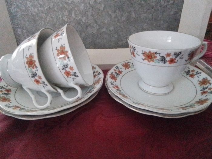 Three Large China Teacups & Saucers