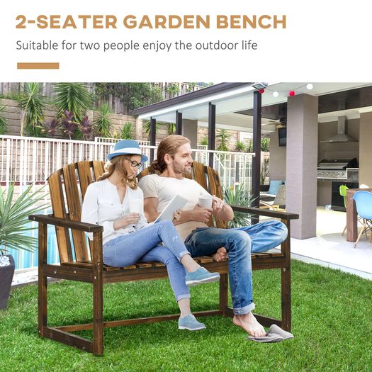 Outdoor Wooden Garden Bench, Patio Loveseat Chair with Slatted Backrest and Smooth Armrests for Two People, for Yard, Lawn, Porch, Carbonised Finish