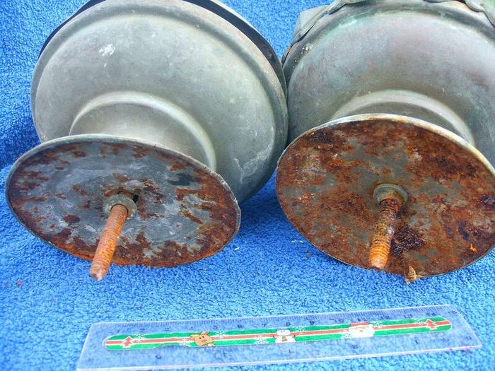 Two antique copper metal finials