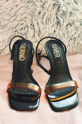River Island Black Heels with Orange Strap & Acrylic Flared Heel Size UK 6 / EU 39