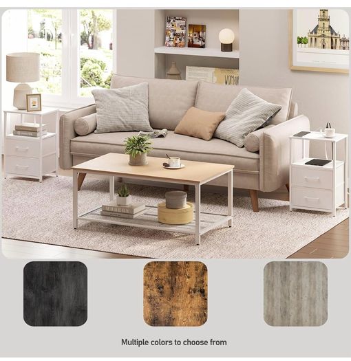 Bedside Table with Charging Station, Side Table with 2 USB Ports and Outlets, Nightstand with Cloth Drawer, Set of 2, End Table, White