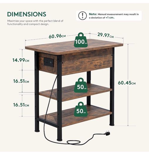 Side Table with Charging Station, Small Flip Top Narrow Sofa End Table with USB Ports, Type C Ports and Outlets, with Storage, 3-Tier, for Living Room, Bedroom, Brown
