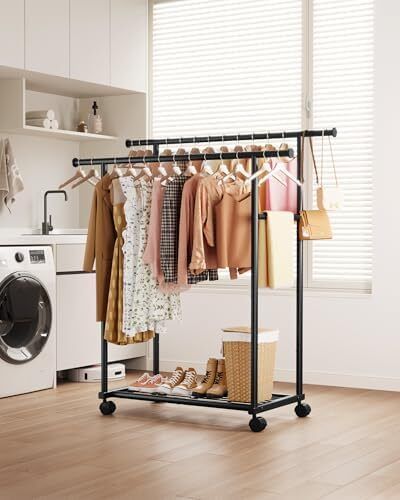 Double Rod Clothing Rack with Shelf & Wheels, 98x42x150cm, Black