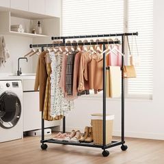 Double Rod Clothing Rack with Shelf & Wheels, 98x42x150cm, Black
