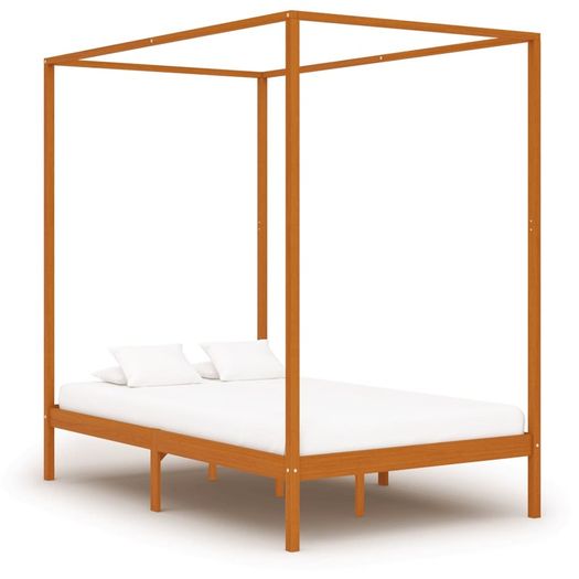 Canopy Bed Frame Honey Brown Solid Pine Wood 120x200 cm