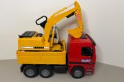 Vintage 2001 Bruder Mercedes Actros 4143 Tipping Truck with Liebherr Rotating Excavator